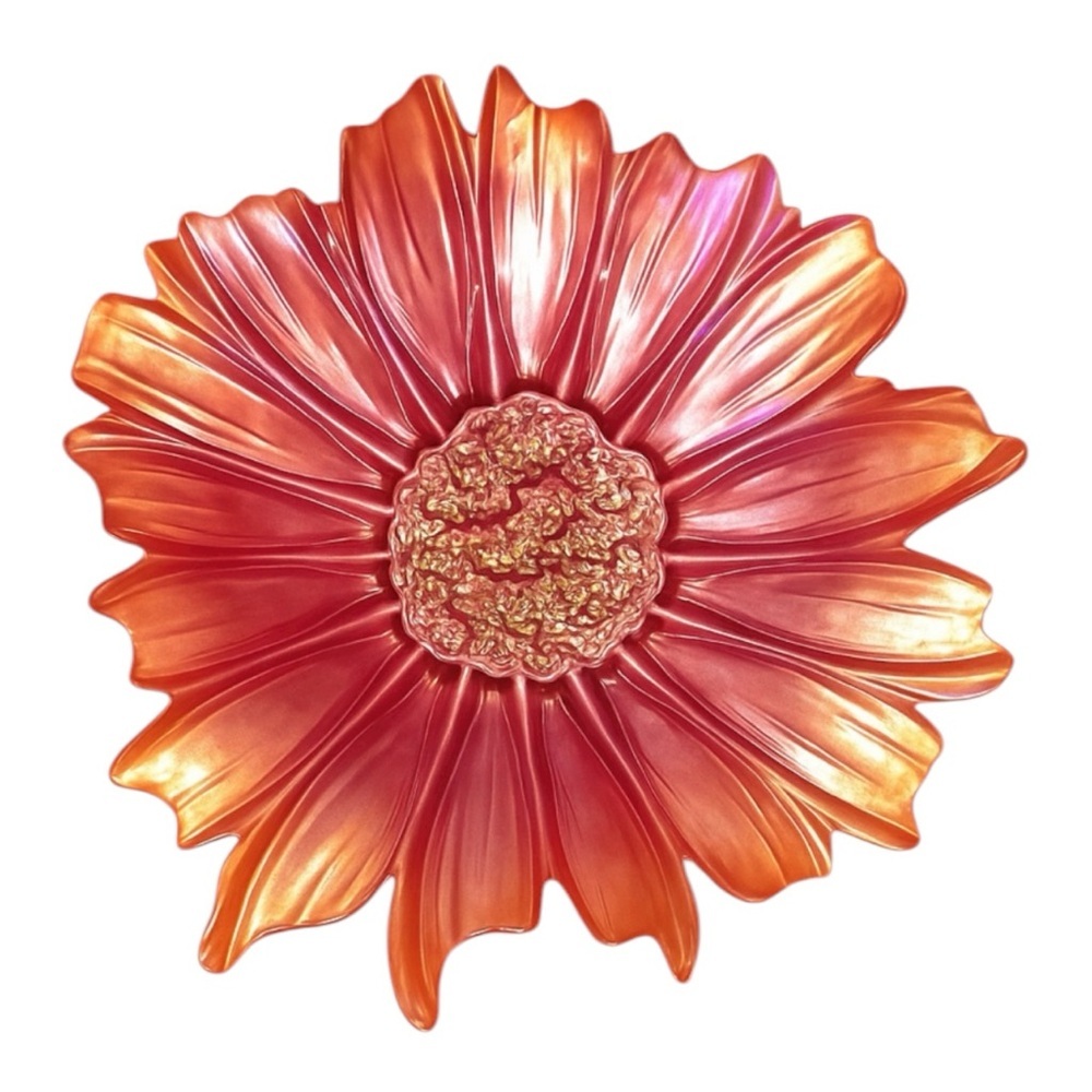 Vtg Iridescent Pink Gold Daisy Flower Frosted Bowl 15" Murano Style Art Glass
